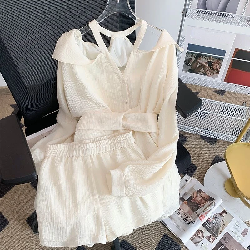 White Halter Off Shoulder Long Sleeved Shirt Collar Sun Protection Top Wide Leg Shorts 2 Piece Sets Womens Outfits Casual Suit