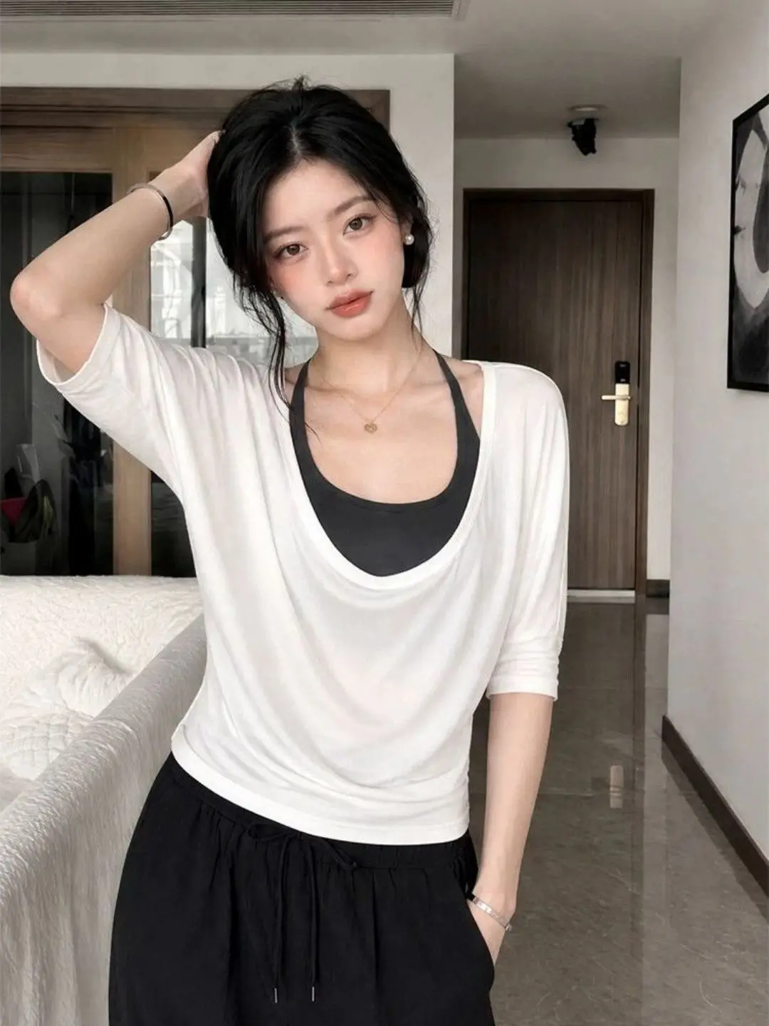 American Retro V-Neck Two-Piece Set Sleeve Cover up Tank Top Summer New Casual Fashion Versatile Set Women's Fashion Ensemble