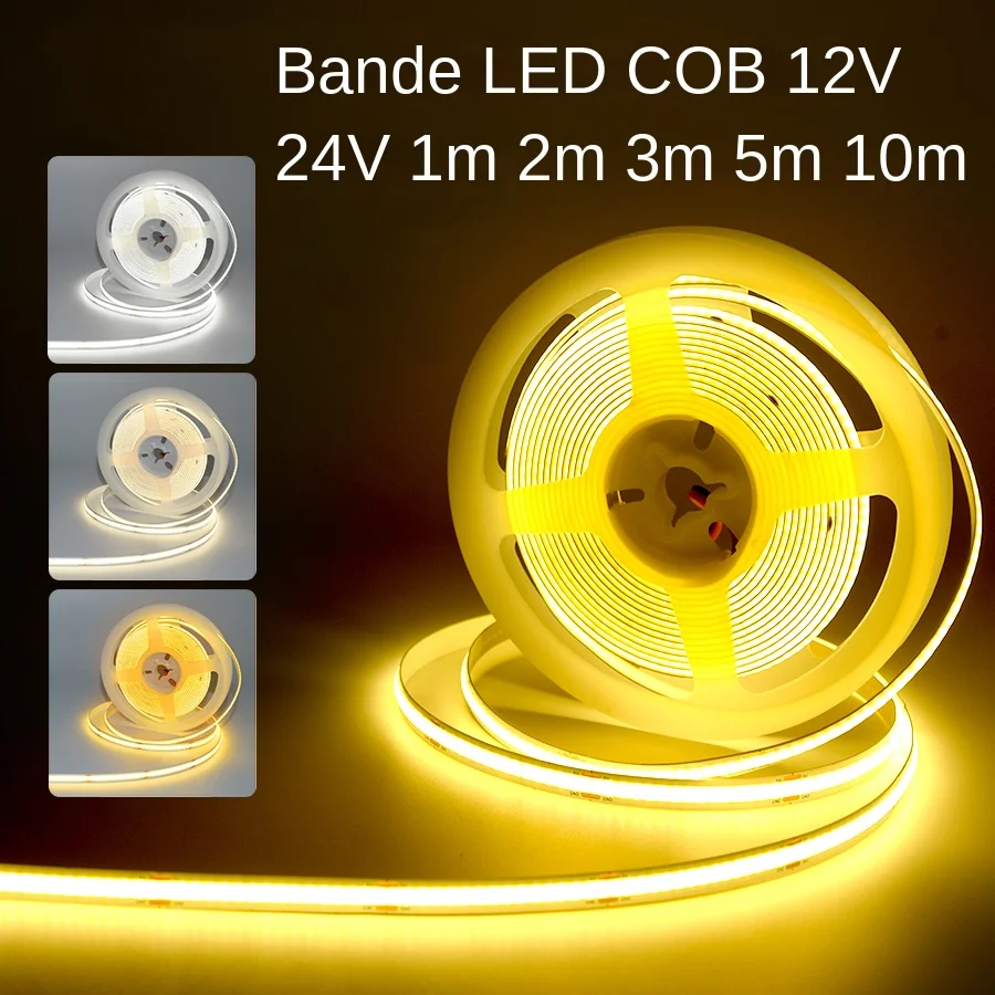 Bande lumineuse LED COB 12V 24V 10M 5M 3M 2M 1M 320LED s/M, bande LED Flexible haute densité 3000K 4500K 6500K, décor de salle de cuisine 8mm