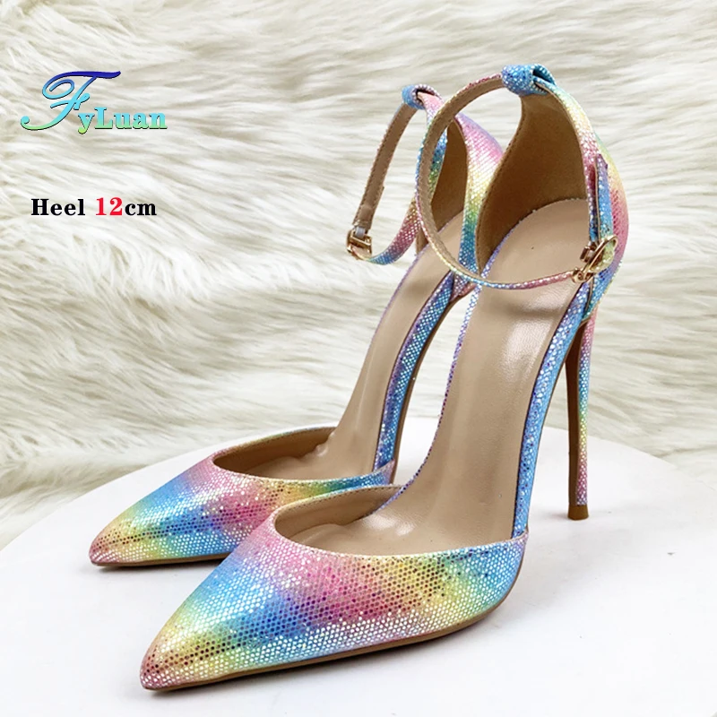 Bling Sequined Rainbow Colors Ankle Strapy Women Pumps 8cm 10cm 12cm Temperament High Heels Pointed Toe Slingback Buckle Shoes ﻿