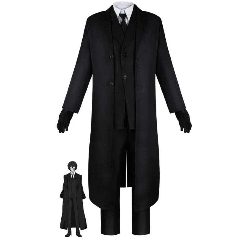 Anime Bungo Stray Dogs Osamu Dazai Cosplay Port Mafia Full Set Black Trench Coat Wig Shirt Tie Christmas Party Anime Clothes