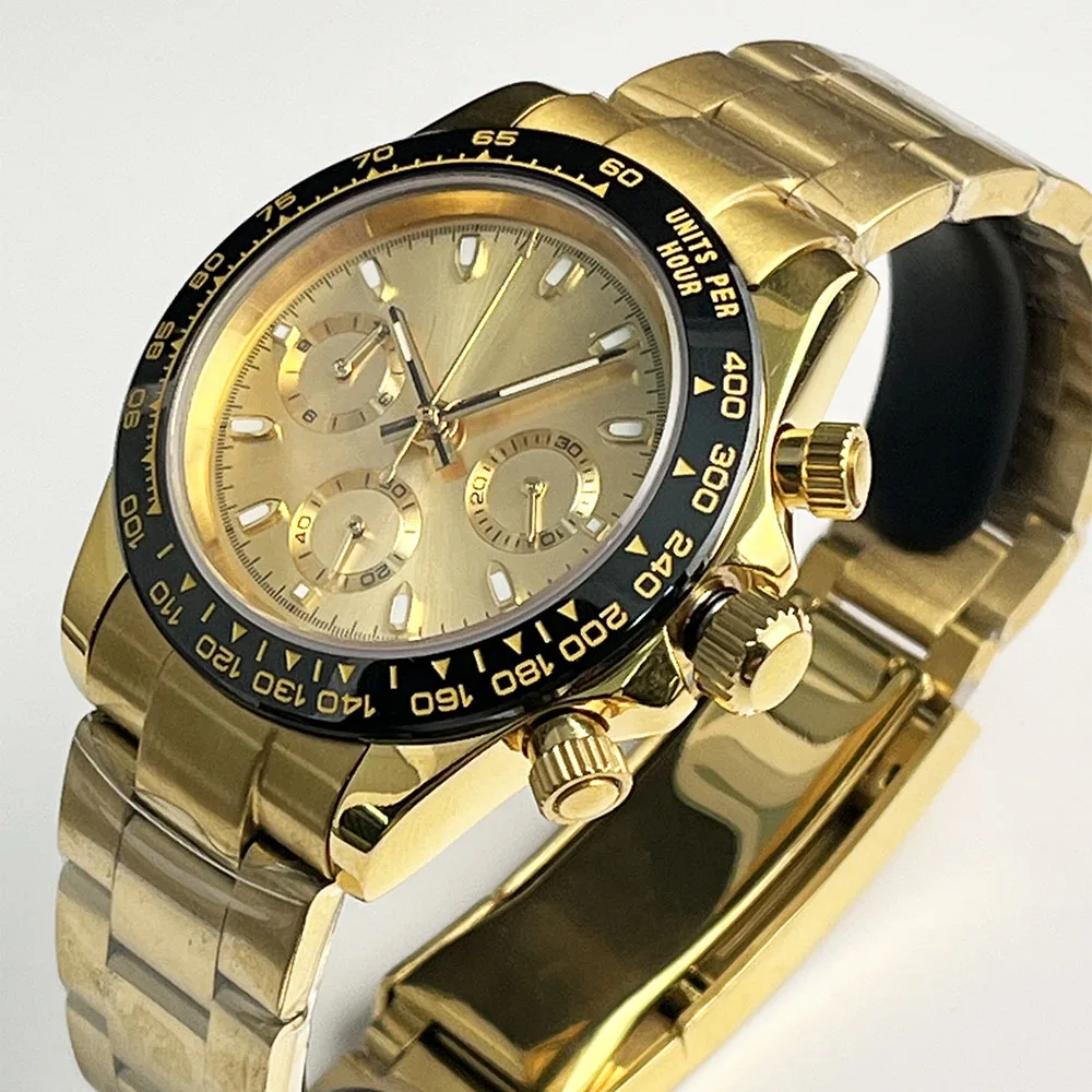 39MM Men's Gold 39mm Quartz Chronograph Sapphire Crystal Stainless Steel Solid Shell Men's Watch VK63 Movement Folding Buckle