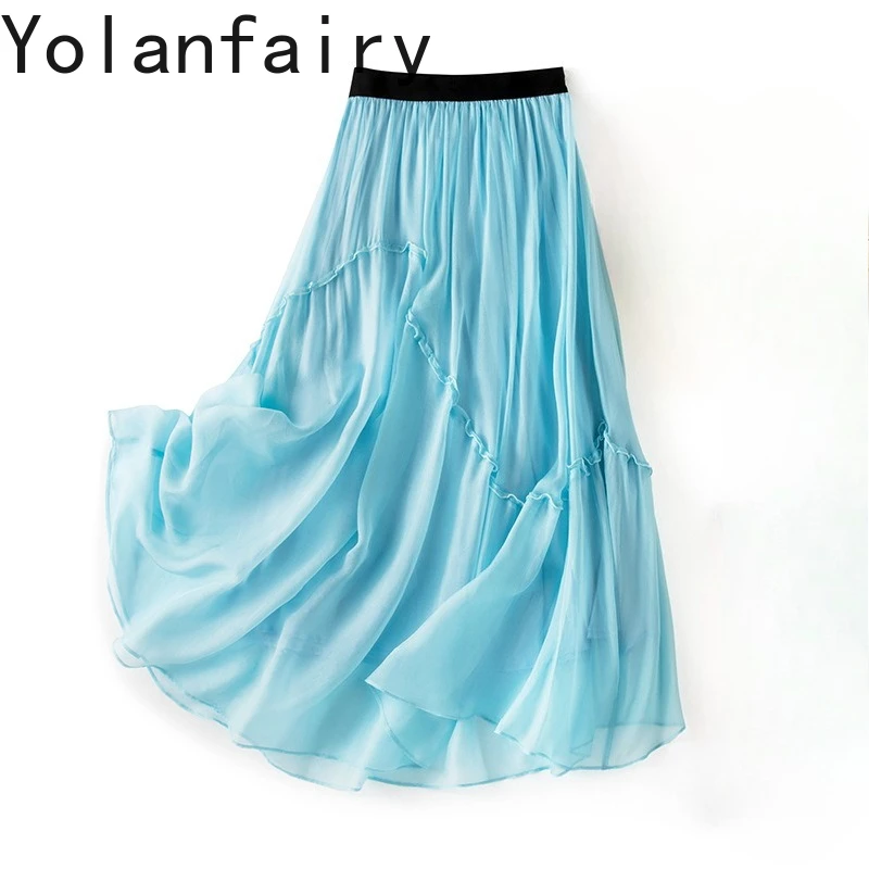 

YOLANFAIRY Юбки из чистого шелка тутового шелкопряда, женская одежда, лето 2026, однотонная элегантная белая юбка, женская длинная юбка с оборками, Faldas