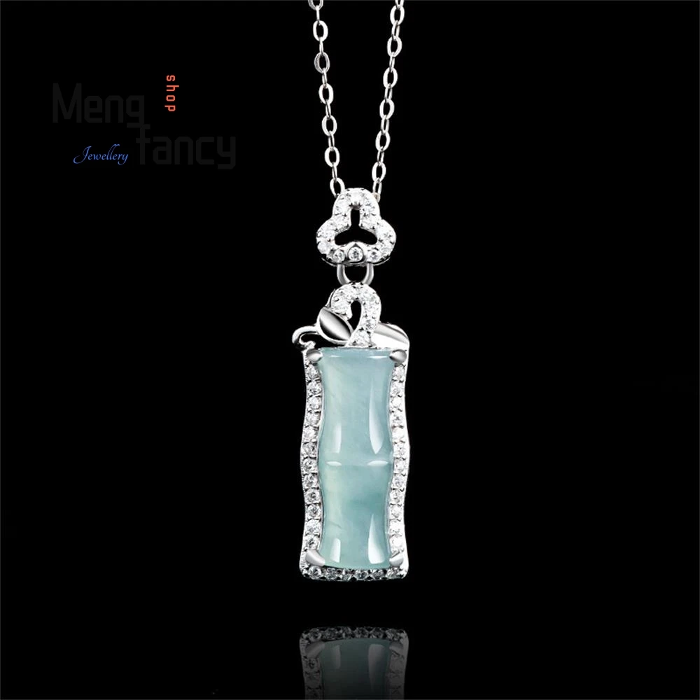 

Natural A-goods Jadeite Blue Water Bamboo Icy Jade Pendant S925 Silver Inlaid Exquisite Elegant Fashion Luxury Quality Jewelry