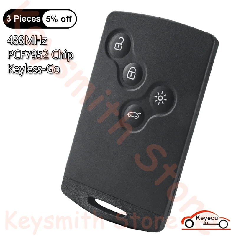 KEYECU 4 Buttons 433MHz PCF7952 Chip for Renault Megane 3 Megane III 2009-2014 Auto Smart Remote Key Fob With Keyless Go