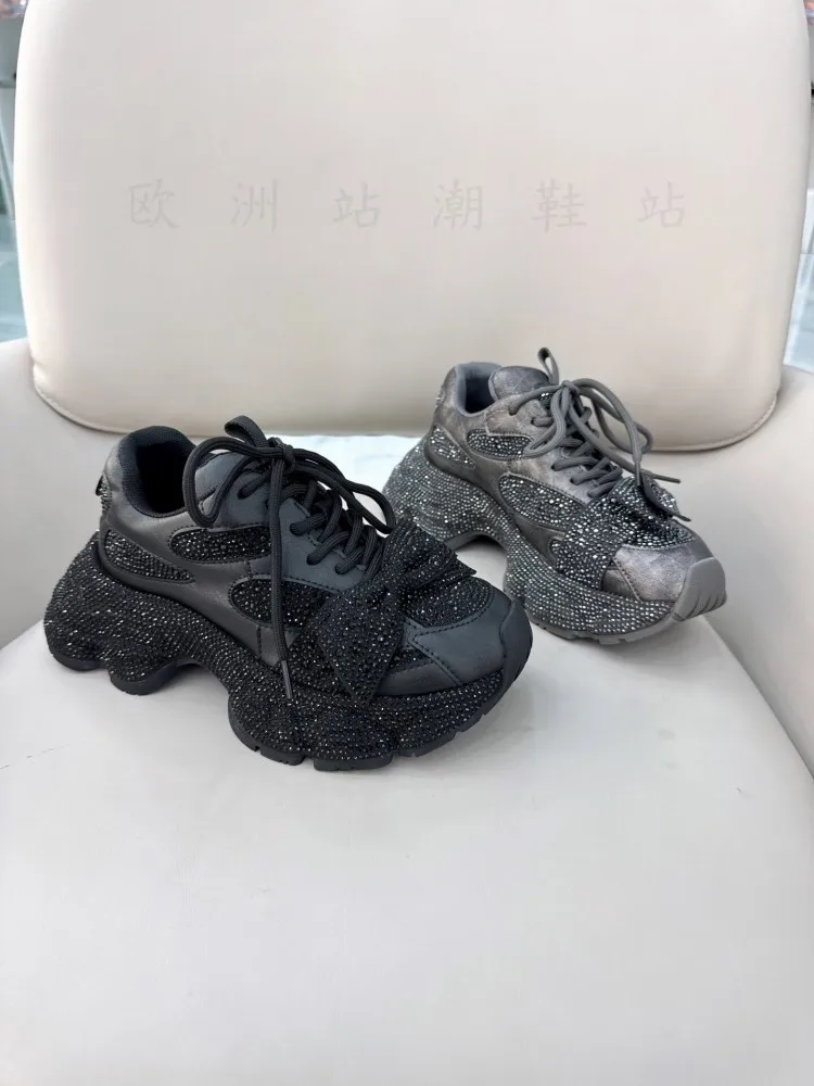 Women Sweet Bowknot Rhinestone Platform Walking Sports Shoes Lace Up Spliced Round Toe Female Height Increase Running Sneakers