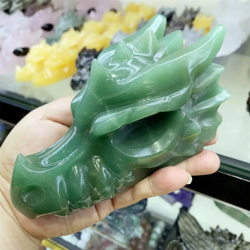 

Natural Green Aventurine Crystal Handmade Carved Dragon Head Skulls Polished Animal Powerful Statue For Decoration Gift 1pcs