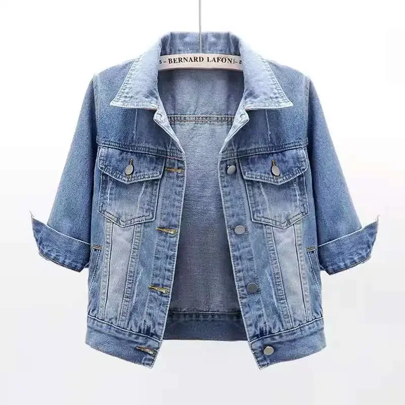 

Spring and Autumn 2024 New 3/4 Sleeve Jean Jacket for Womens Short Style Korean Street Fashion Solid Pockets Coats R115