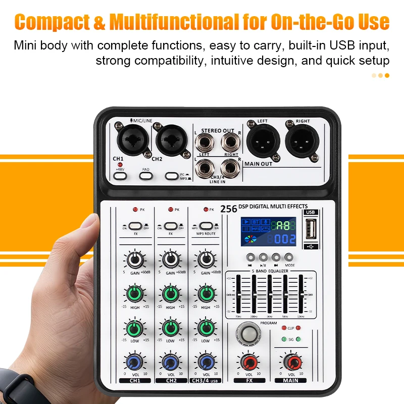 

4 Channel Audio Mixer with USB Input Phantom Power 256 DSP Effects 5 Band EQ Combo XLR TRS Jacks for Live Streaming Studio