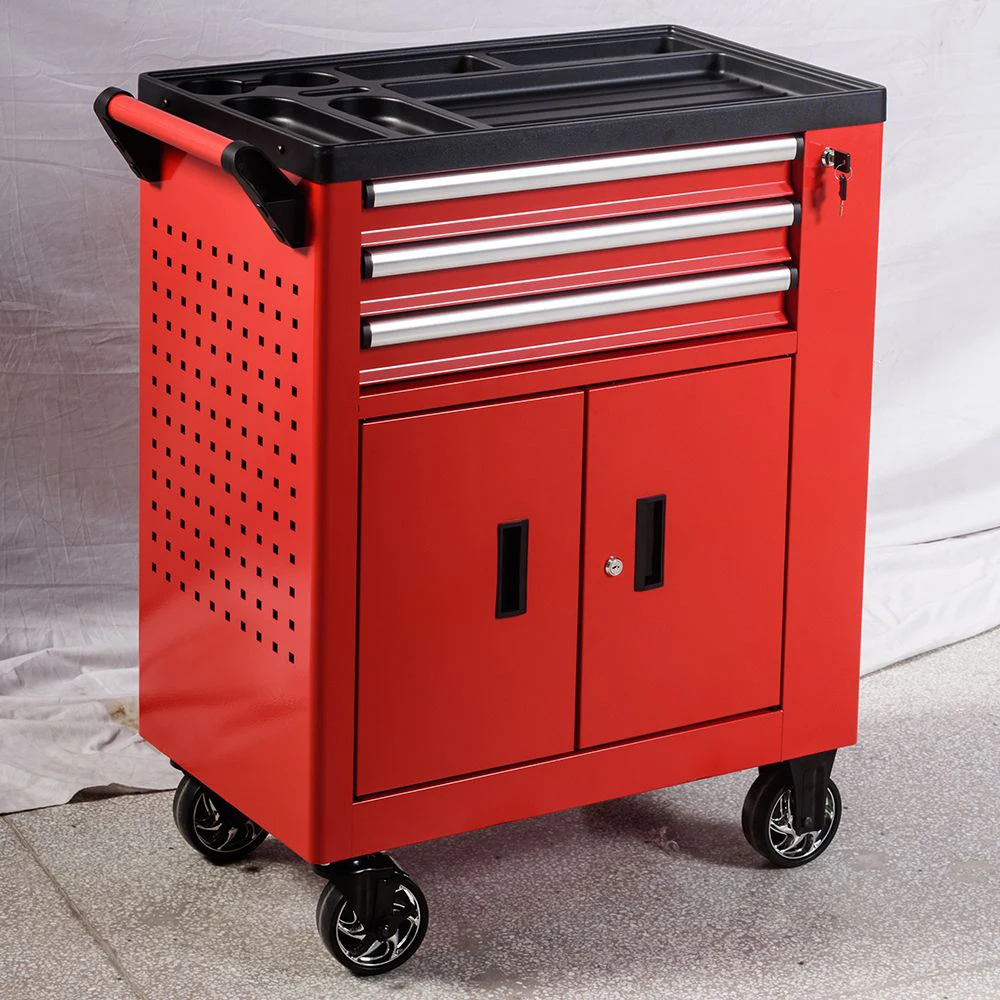 Red Tool Cabinet With 3 Drawers And 2 Door For Workshop And Tool Storage