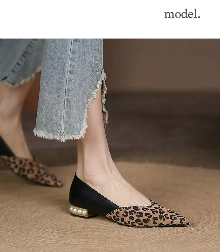 2024 New Fashion Low Heel Pumps Flats Pointed Toe Cow Leather Women\'s Shoes Patchwork Leopord Casual Dress