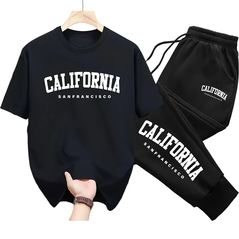 

California Print T-shirt Sweatpants 2pcs Set 2025 Spring Summer New Arrival Men's Casual Fashion Tees Outfits Sporty Jogger Suit