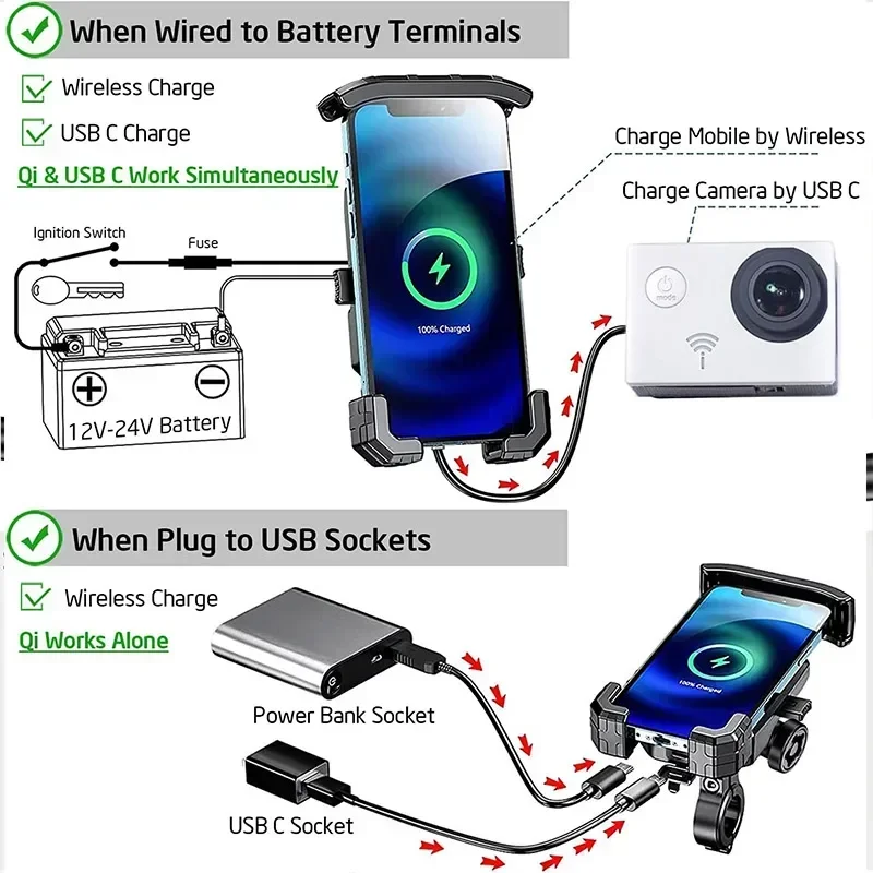 Motorcycle Wireless Phone Mount Fast Charger Stand 15W & USB C 3A Handlebar Anti Theft Motor Motorbike Holder For 4.0-7.0