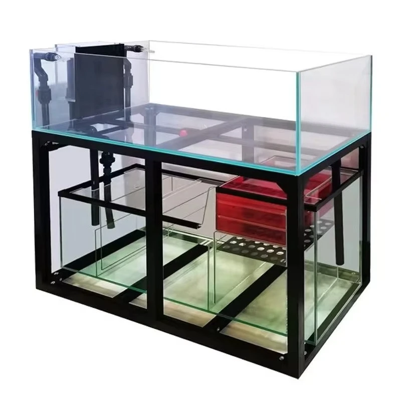 a forFactory Custom Rimless Aquarium with Built-in Sump System, Industrial Style Marine Fish Tank with Black Metal Frame