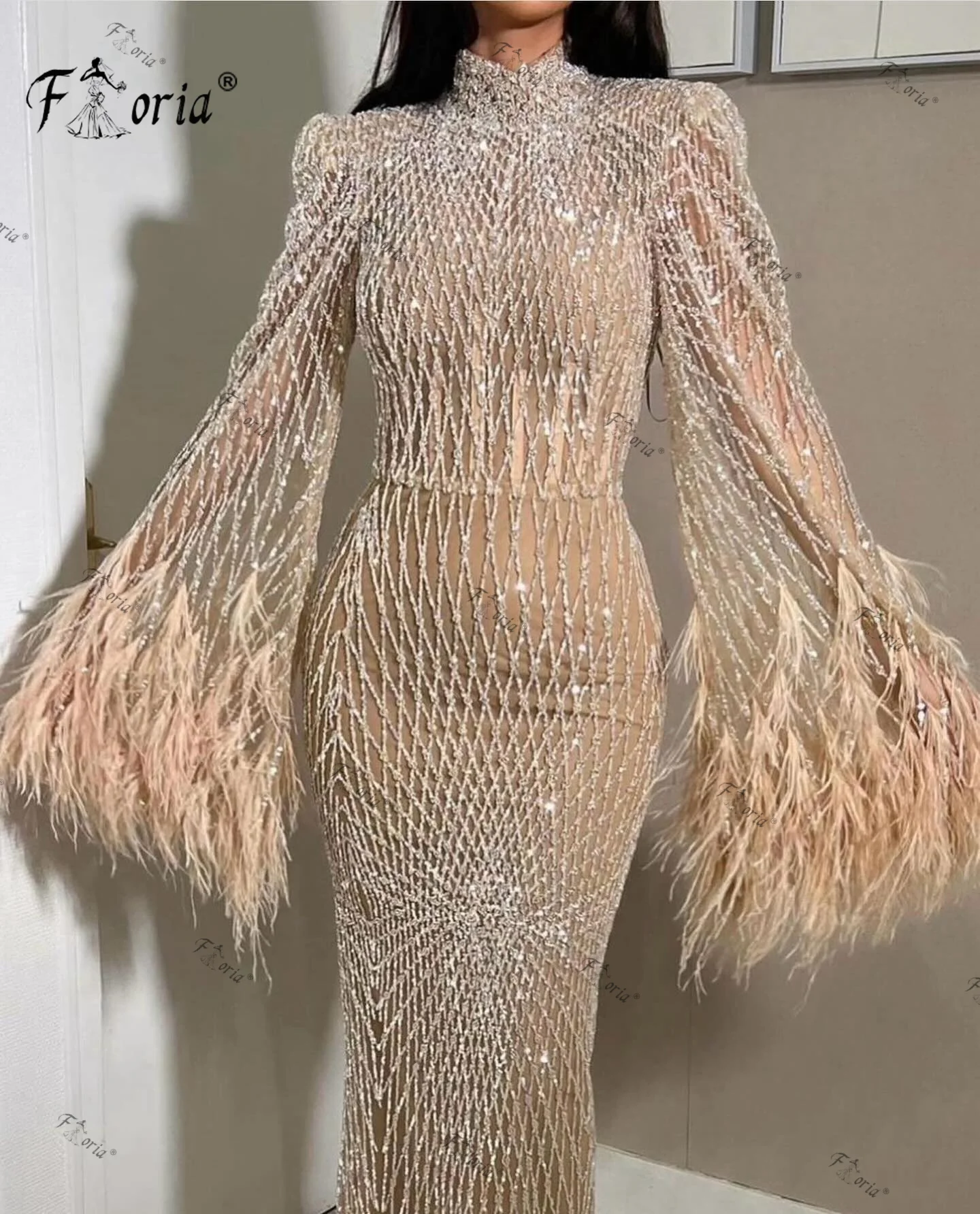 Illusion Champagne Dubai Mermaid Evening Dress Beading Feathers Flare Long Sleeve Formal Party Wear Shiny Sequin Stones Dresses