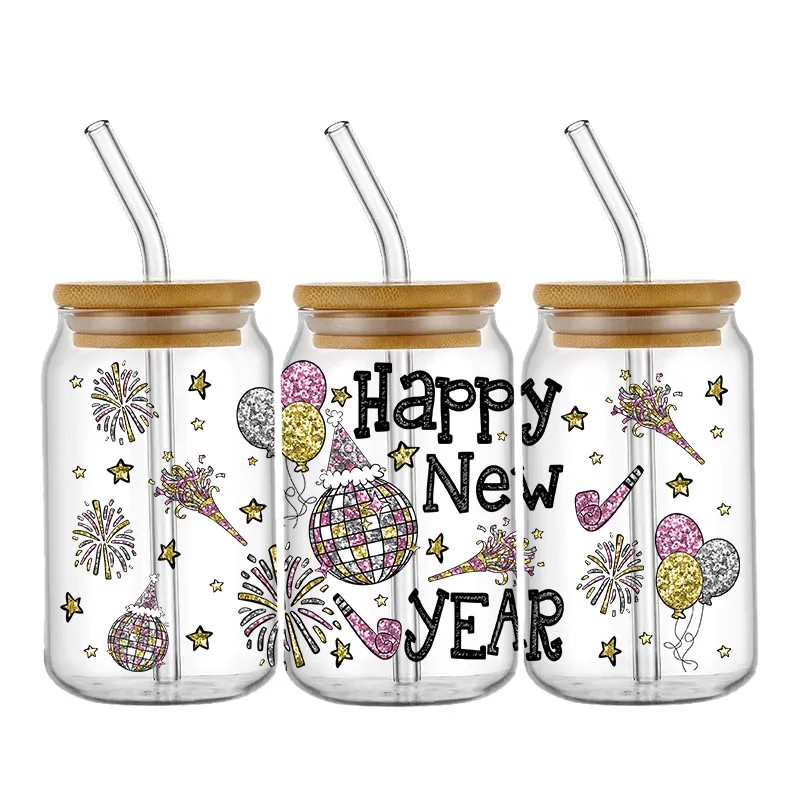 Happy New Year 2025 16oz UV DTF Cup Wrap Libbey Glass Sticker Can Tumbler Transfer for Cup Wraps Libbey