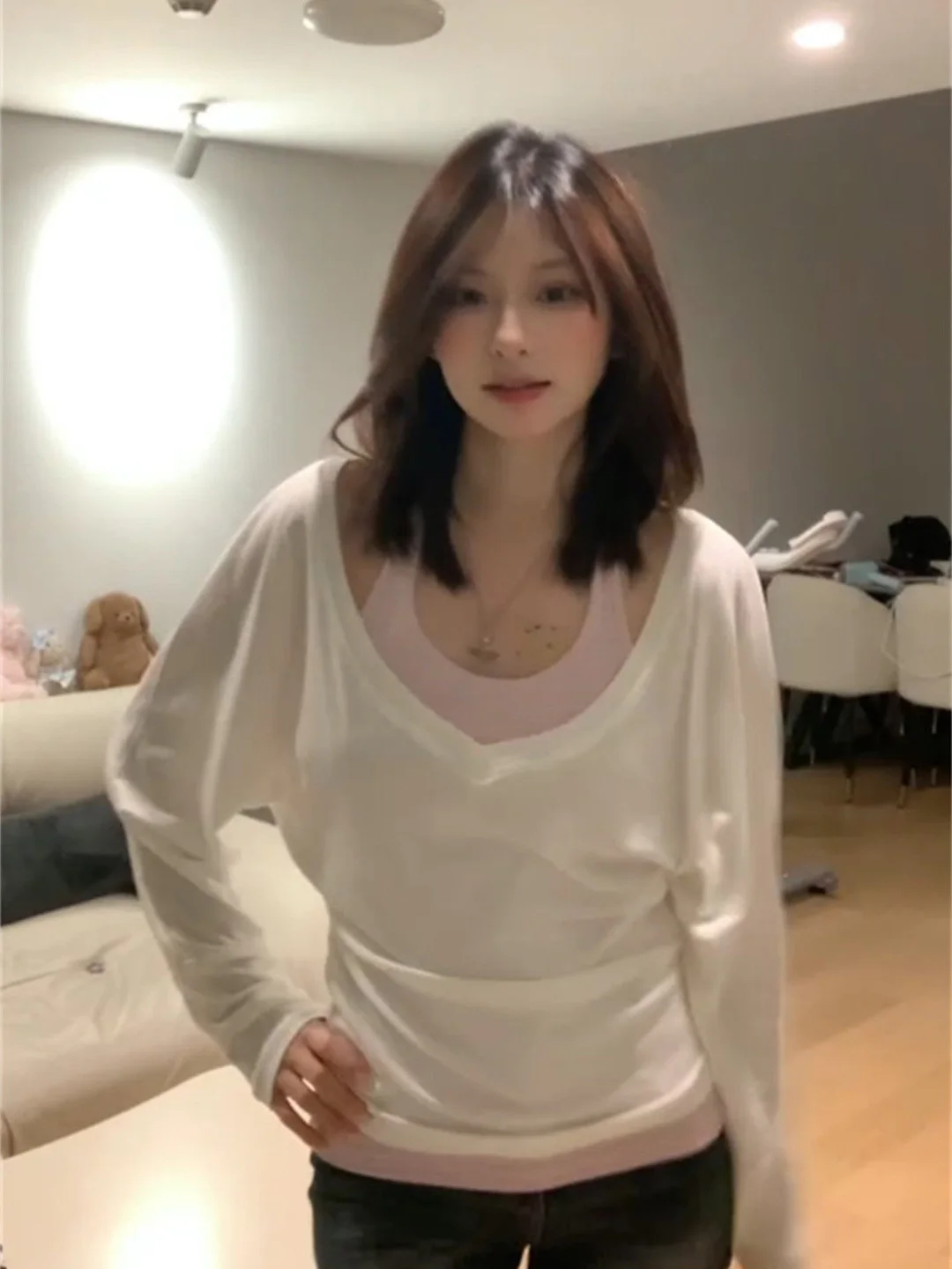 Korean Loose V-Neck Thin Mesh Cover up Women Summer Sexy Waist Cinching Layering Tank Top Sun Protection Two-Piece Set