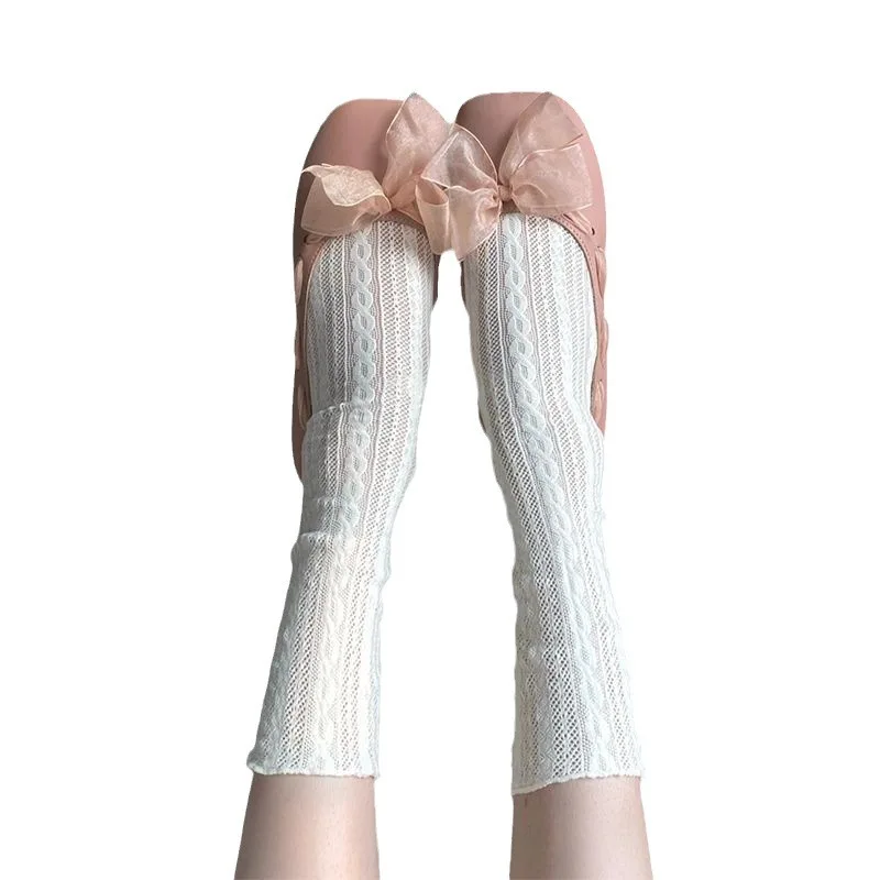 

White Lace Hollow out Women's Sos Summer Thin Breathable Me Long Mid-Calf JK Sle Invisible Polyester ort Tube Sos
