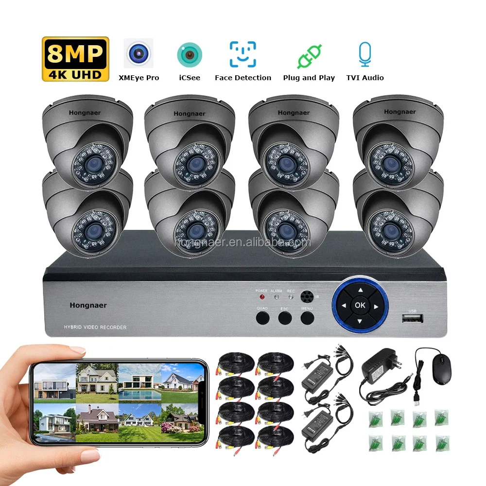 Hongnaer 8MP Outdoor Dome AHD DVR 8 Channel Home Digital Video Recorder 4K Security CCTV Camera Kit System Surveil System