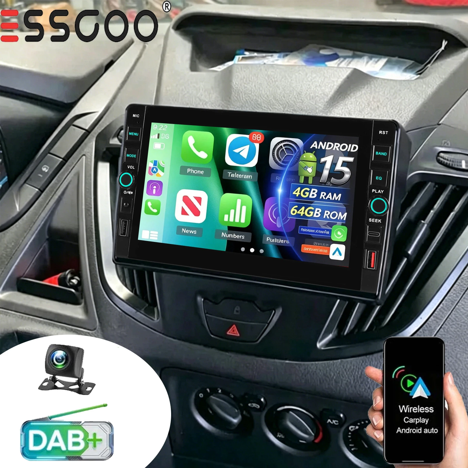 Essgoo 8 Zoll Für Ford Transit Tourneo Custom 2016 2017 2018 2019 2020 Auto GPS Android 15 Autoradio Stereo Head Unit mit GPS Navigation Bluetooth