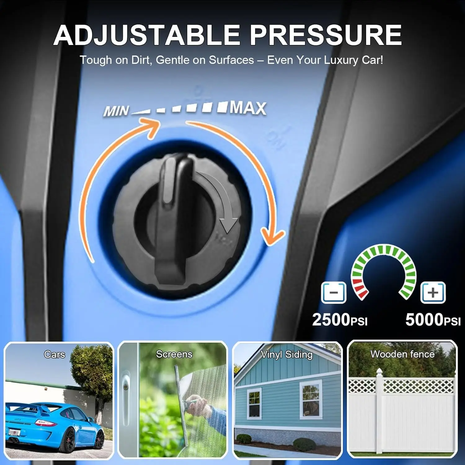 Electric Pressure Washer 5000PSI Power Cleaner 33FT Hose 4 Nozzle Home Cars Driveways Blue