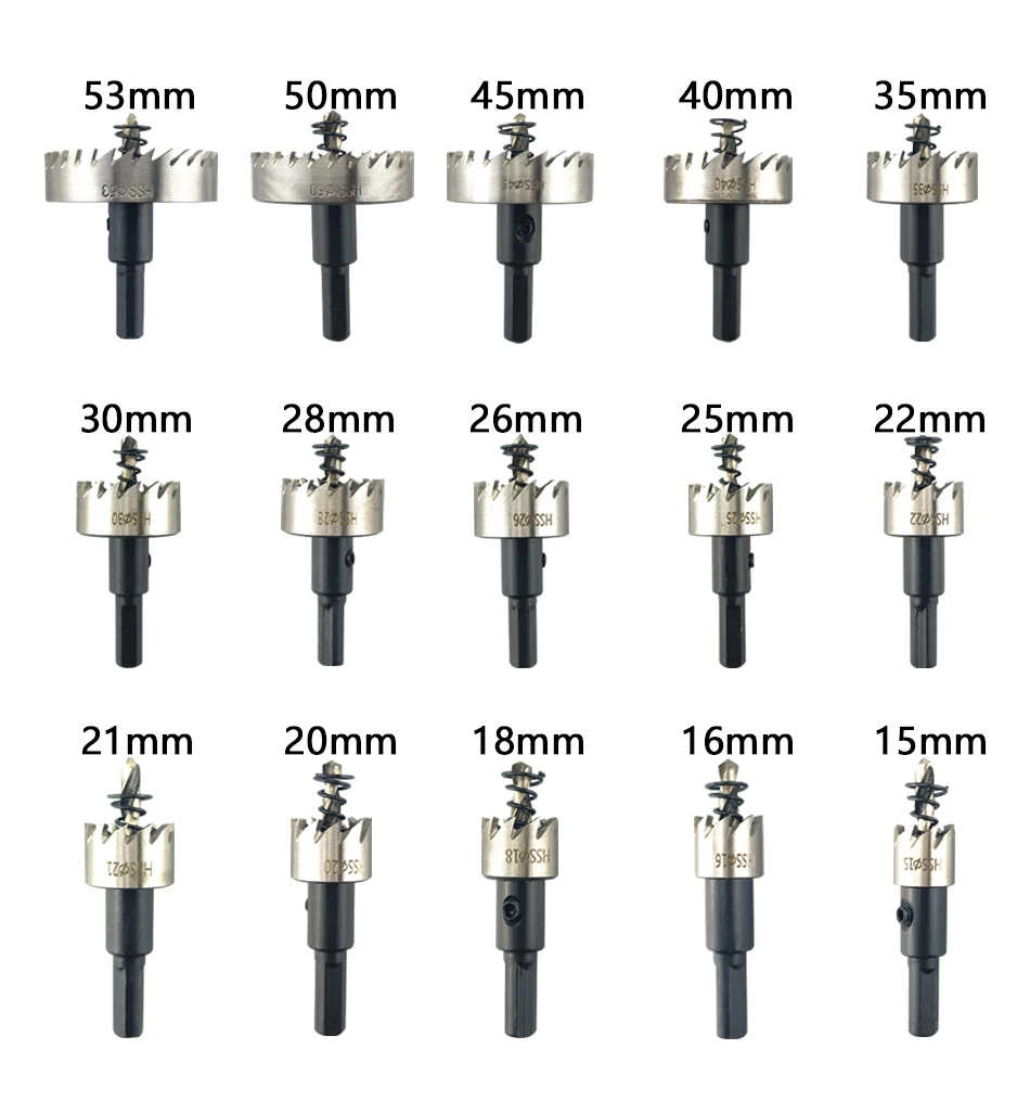 High Speed HSS Hole Saw Set, Broca, Coroa De Perfuração, Liga De Metal, Aço Inoxidável, Ferramenta De Corte De Madeira, 15-53mm, 15 Pcs