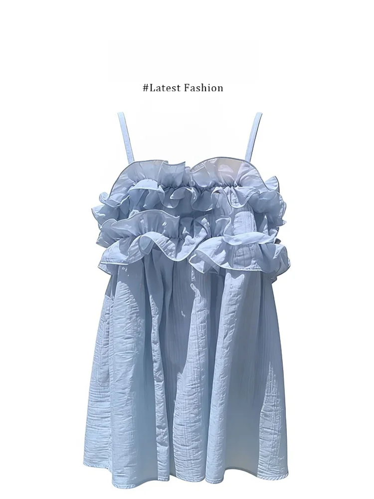 Sweet Girl Style Light Blue Lace Trim Halter Top Women Loose Slimming Summer Shirt Casual Polyester Fiber Inner Wear Outer Wear