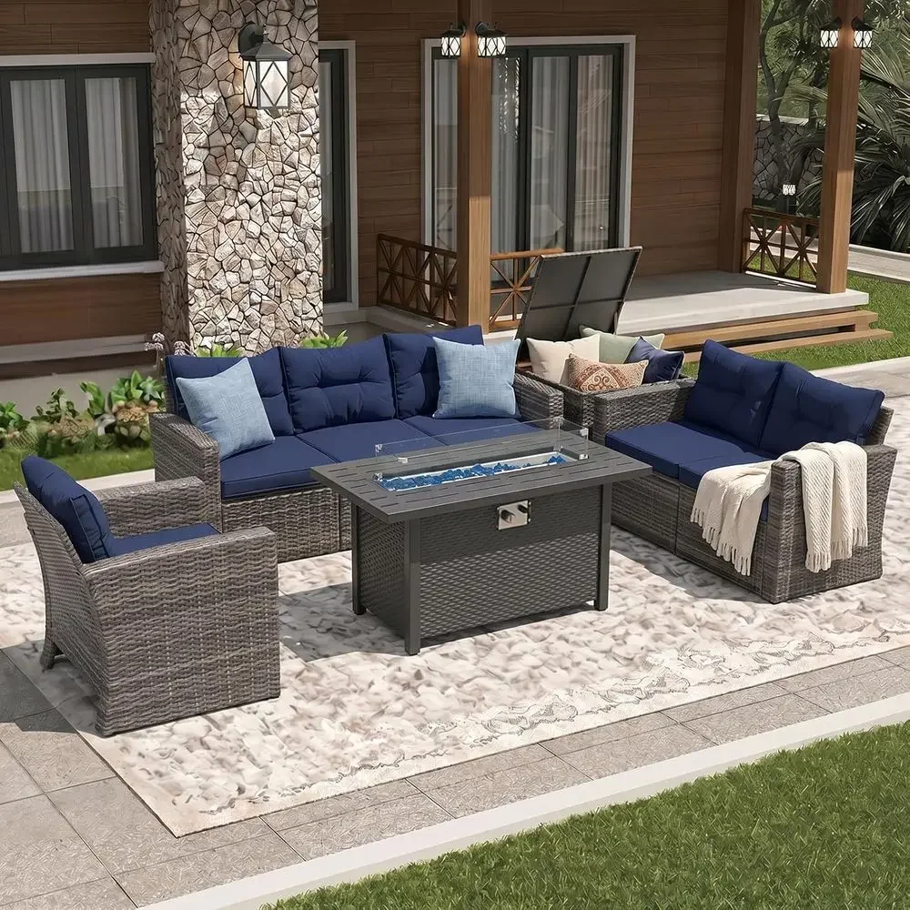 

8 Pieces Outdoor Patio urniture Set with 45” ire Pit Table, Rattan Patio Contion Sets with 50000 Gas ire Pit, Sectional Soa Set