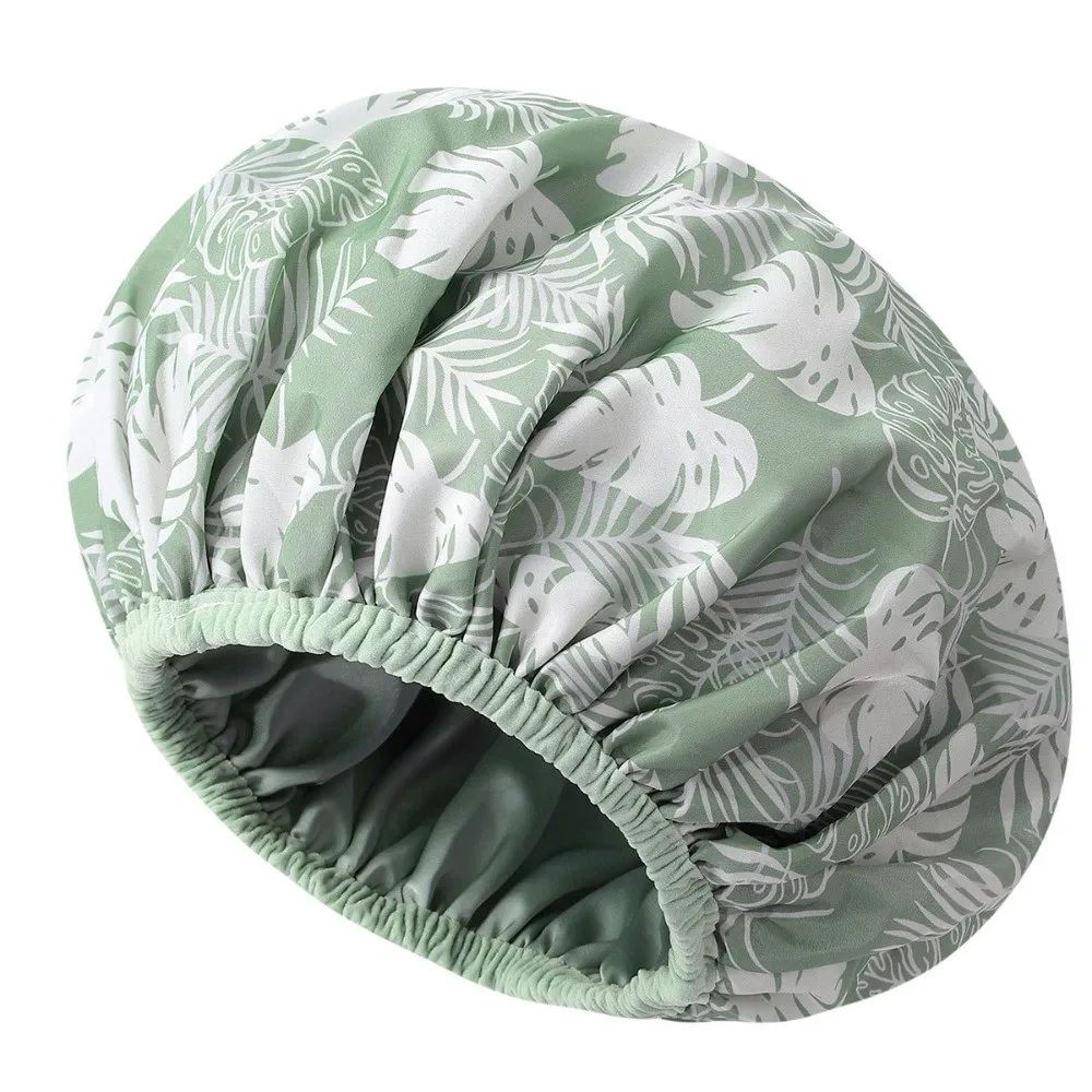 New Waterproof Shower Cap Satin Lined Double Layer Shower Bonnet Flower Printed Soft Elastic Band Bathing Hair Cover Salon Use