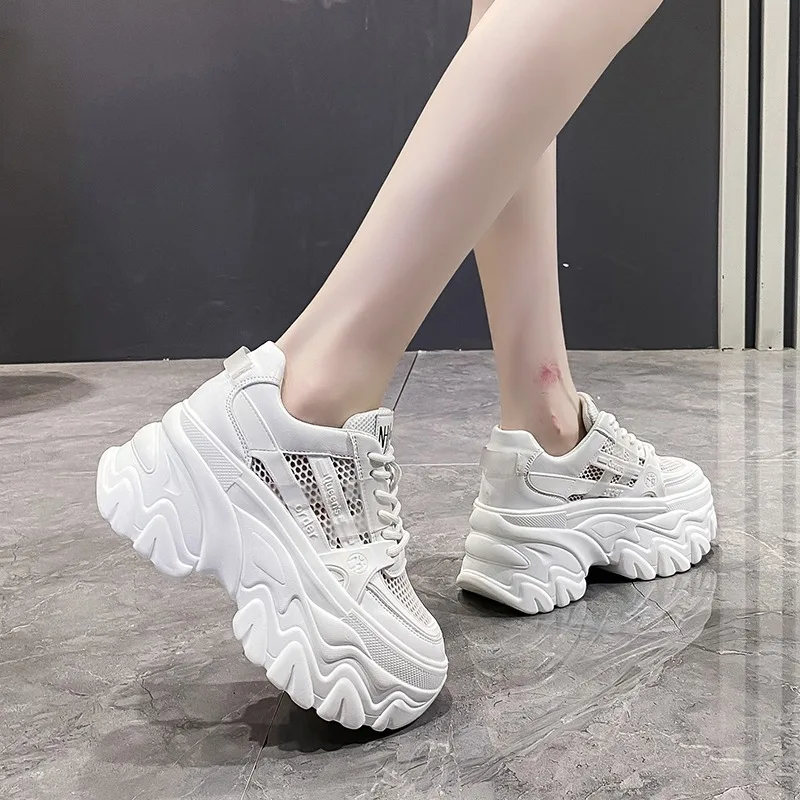 White Chunky Sneakers Women New 2024 Autumn Hidden Heel Platform Sports Dad Shoes Woman Lace Up Breathable Mesh Casual Shoes 8CM