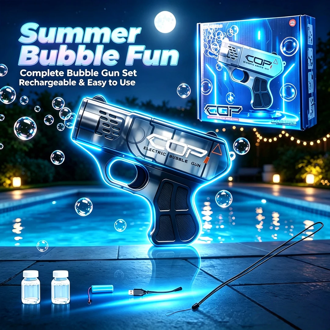 Mini COP Bubble Machine Toy Gun for Kids with LED Lights， Rechargeable Battery & Solution