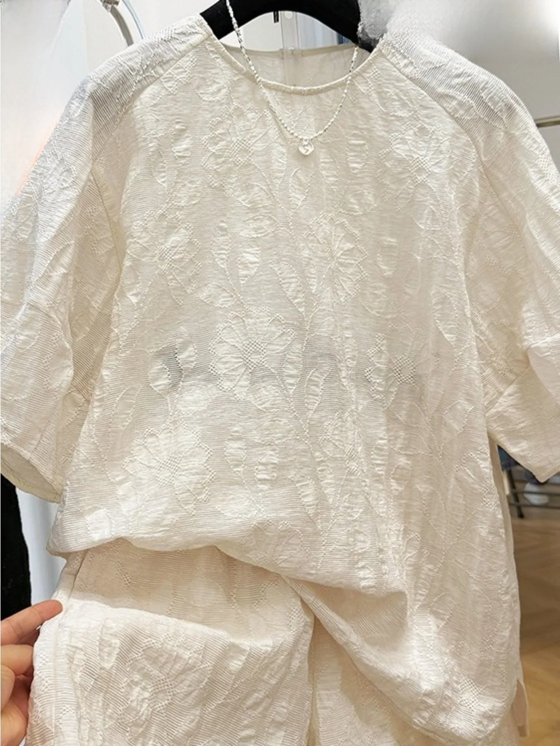 

Faionable Textured ort Sve Top And Wide Leg Pants Set Casual Women's Summer Outfit Two Piece Set round Neline Sve...