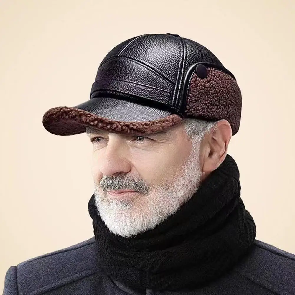 PU Leather Winter Men's New Padded Warm Dad Old Man Leather Cap Middle-aged Windproof Ear Protection Duck Tongue Cap