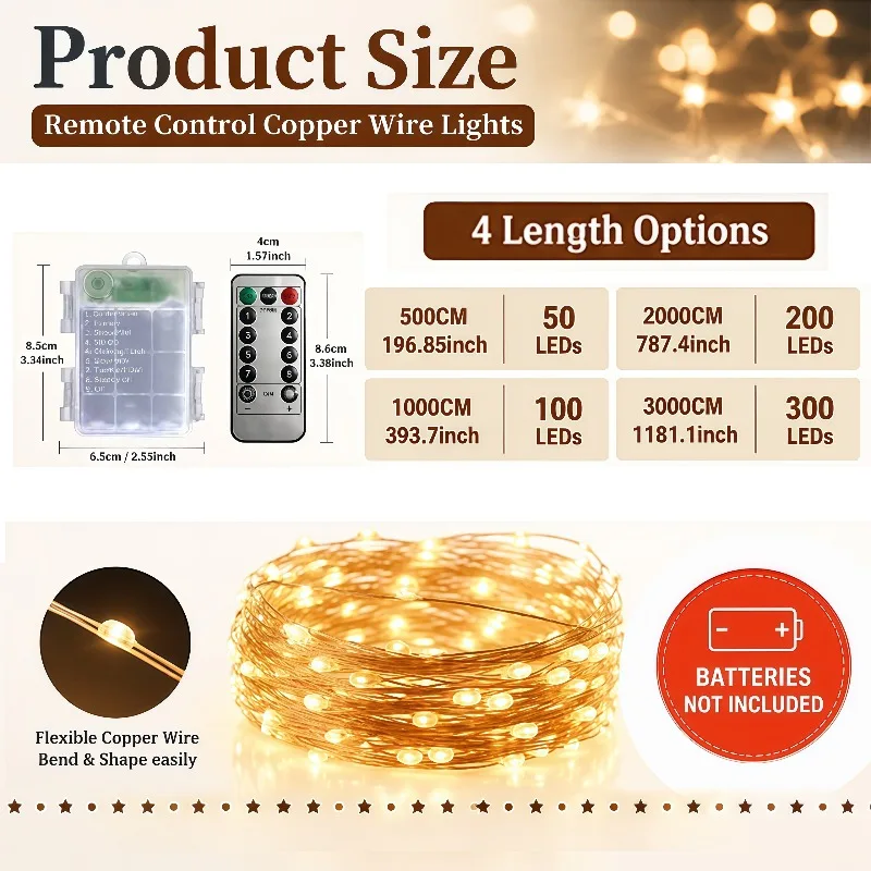 Remote LED Copper String Lights 5M50LED-30M300LED Battery Box Design IP54 Waterproof Flash Wave Steady Modes Festival Home Decor