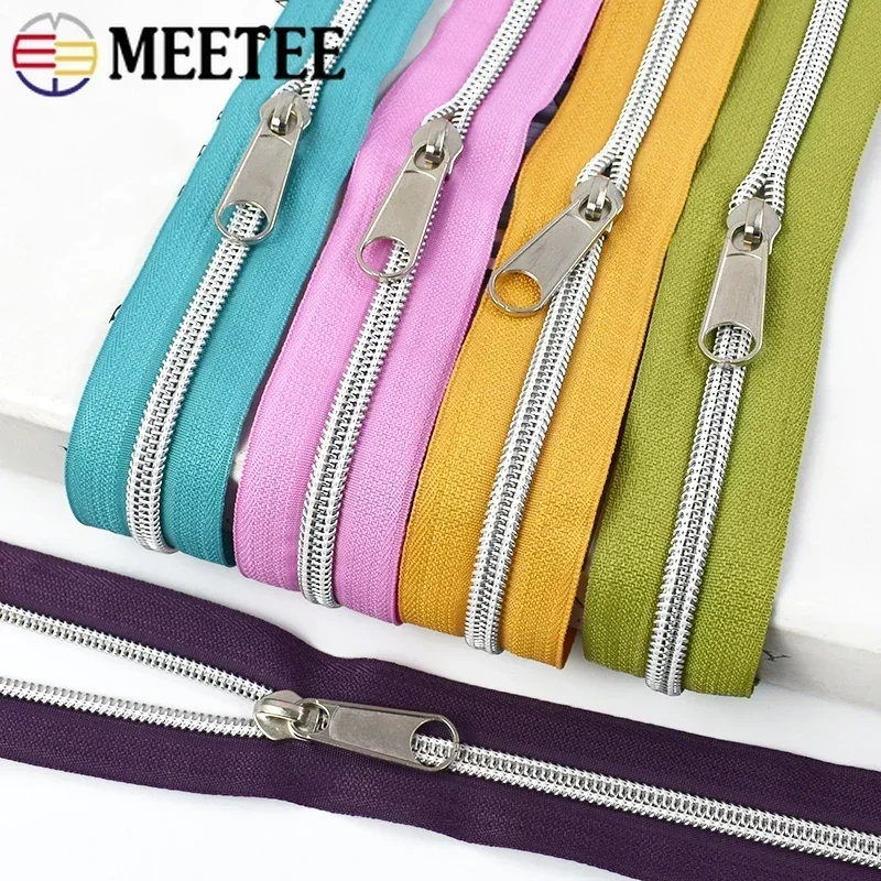 Meetee 2-10Meters 5# Nylon Zippers Silver Teeth Long Chain Zip Tape with Slider for Sewing Bags DIY Clothes Repair Accessories