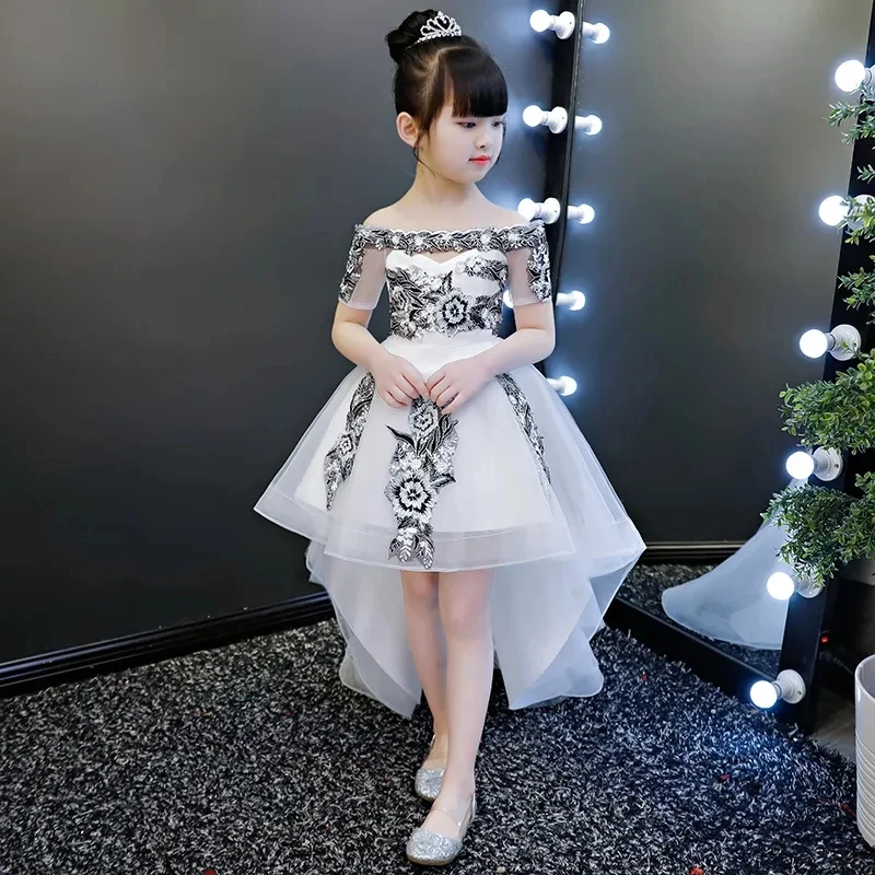 KIds Princess Dress Puffy Yarn Children's Host Evening White Flower Costumes For Girls 2023 Wedding Piano Performance Spring