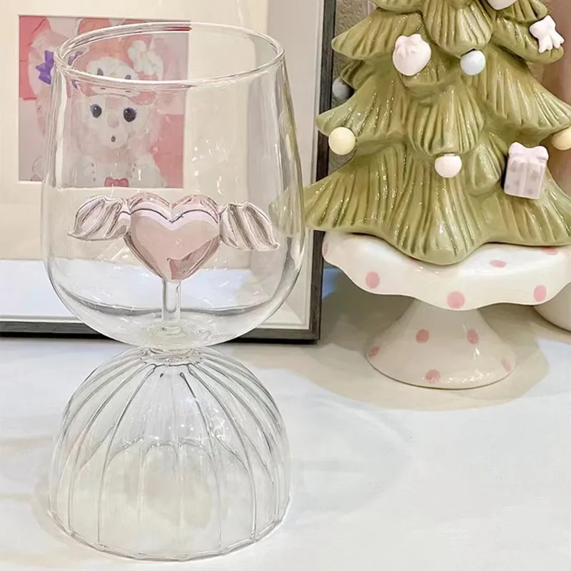 Creative Ripple Goblet Glass Cup with Pink Heart Design Wings or Bar Milk Tea Office Cup Milk Lemon Juice Coffee Water