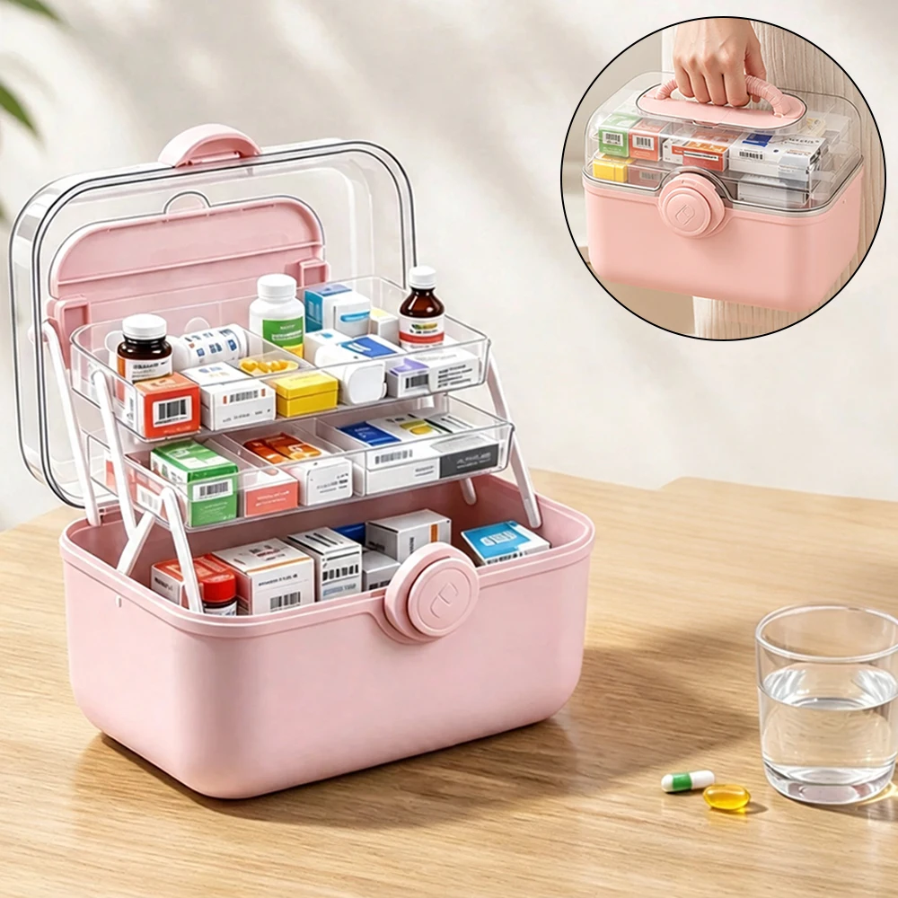 Large Capacity Medicine Storage Box 3-layer Folding Plastic Medicine Box Transparent Dust Cover Medicine Storage Family Portable