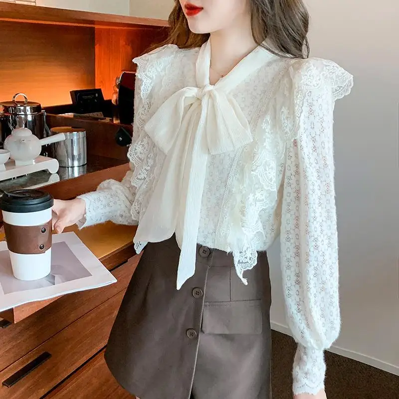 Imagem -05 - Escritório Senhora Elegante Laço Oco para Fora Camisa Cor Sólida Primavera Outono Manga Longa Doce Cachecol Colarinho Arco Elegante Babados Blusa