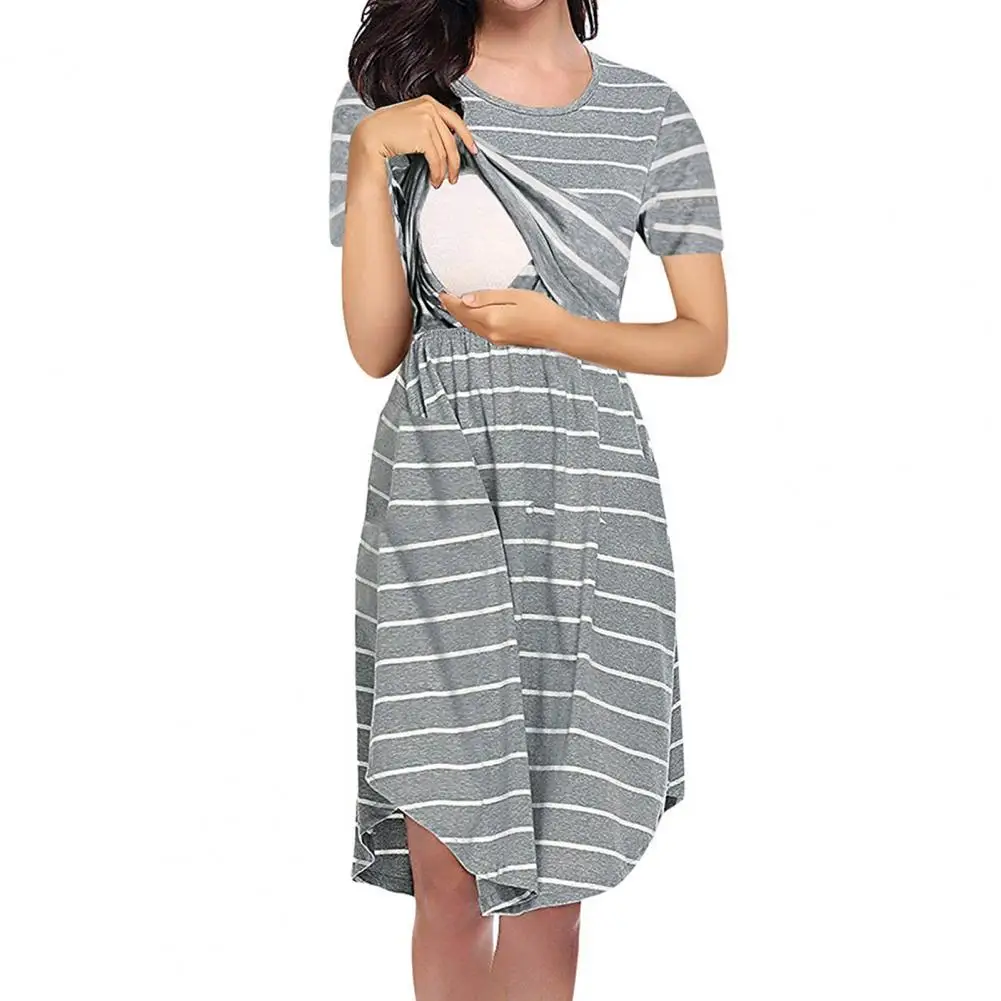 2024 Women Dress Stylish Striped for Summer Nights Front Round Neck Short Sleeve for Pregnant vestidos largos