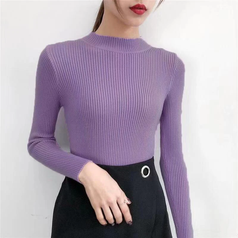 Autumn High Collar Long Sleeve Skinny Elastic Casual Tops Bottoming Sweater Women Basics Knitted Shirts Warm Knitwear Pullovers