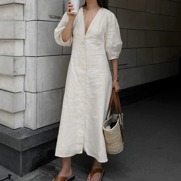 

Simple Casual Loose Cotton and Linen Dress Women's Bubble Sleeves V-neck Beige A-shaped Skirt Waist Long Skirt