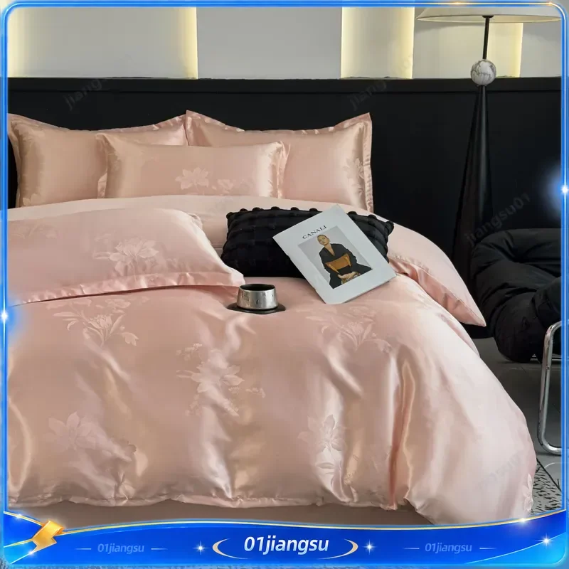 European Satin Jacquard Polished Bedding Set 4 Piece Duvet Cover Sheet Simple Luxury Soft Comforter Cover Single Double Queen