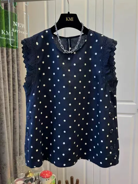 

Unique Summer Lace Trimmed Polka Dot Linen irt Women's Faionable Svel round Ne Top Korean Sle Loose Fit Blouse