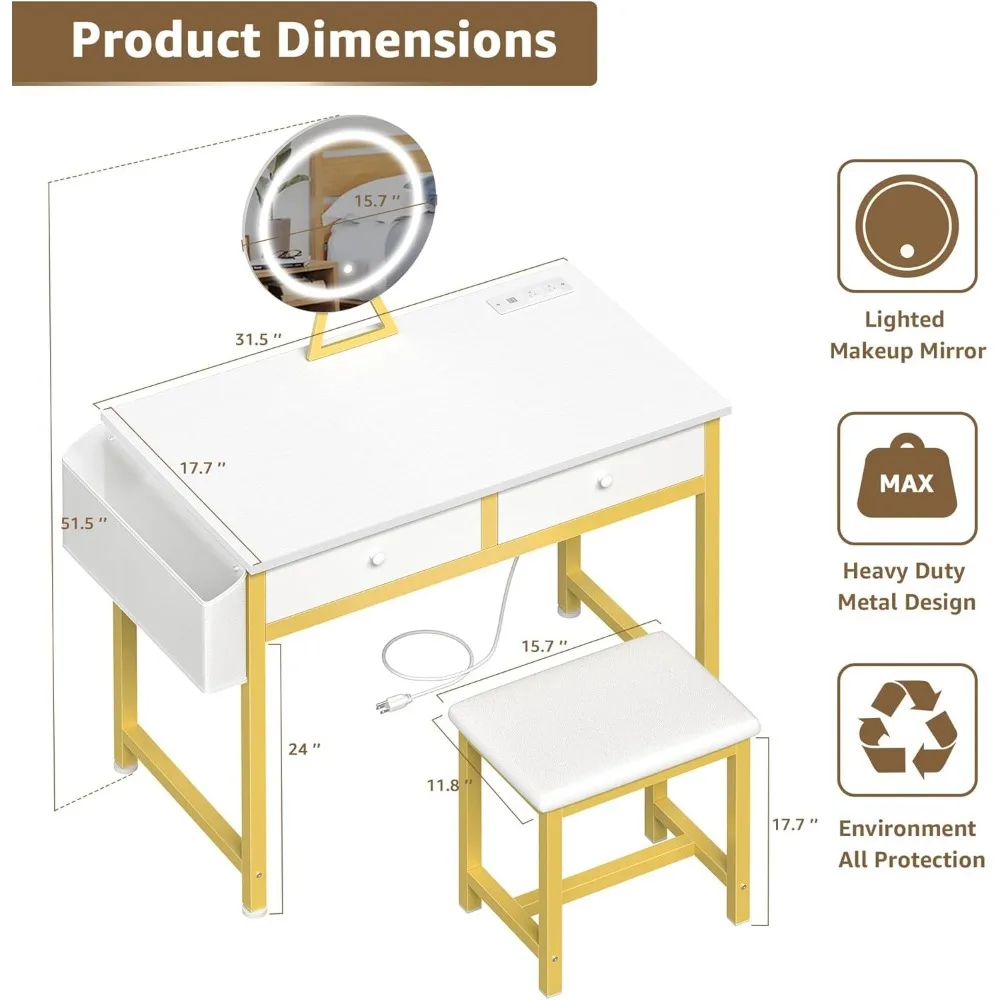 Escritorio de tocador de maquillaje con espejo y luces: mesa de tocador pequeña de oro blanco con cajones y sillas de tela, tocadores de maquillaje