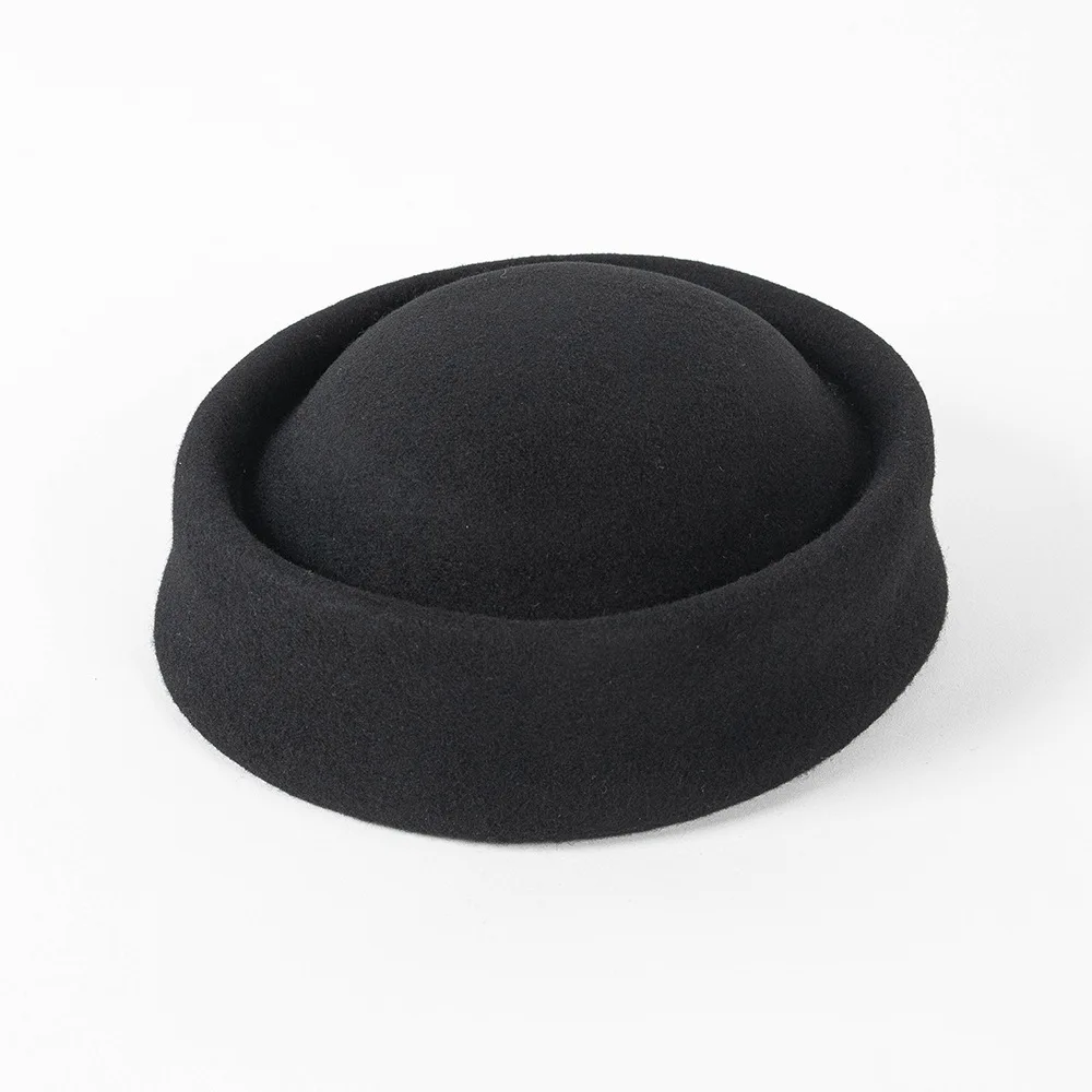 Children's Autumn Winter Fashion Wool Pillbox Hats Girls Stewardess Cap Catwalk Concave Party Cocktail Cosplay Costume