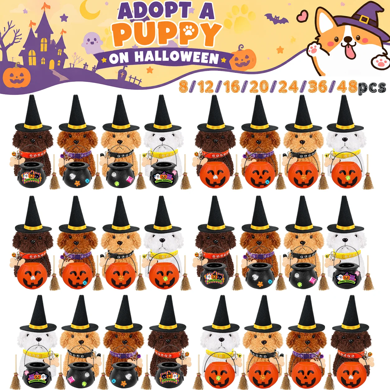 8-48Pcs DIY Halloween Stuffed Animal Puppy Stuffed Animals Bulk With Hats Pumpkin Jar Adopt A Puppy Party Favors Birthday Gifts