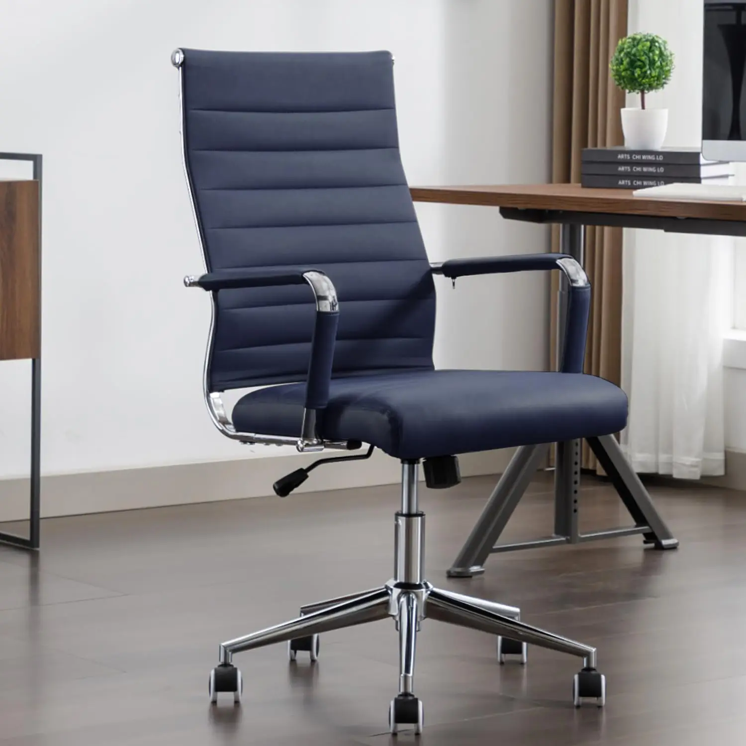 

Office Desk Chair Leather, Conference Room Chairs With Wheels, Executive Modern Ergonomic Ribbed Computer Chair(Navy Blue)