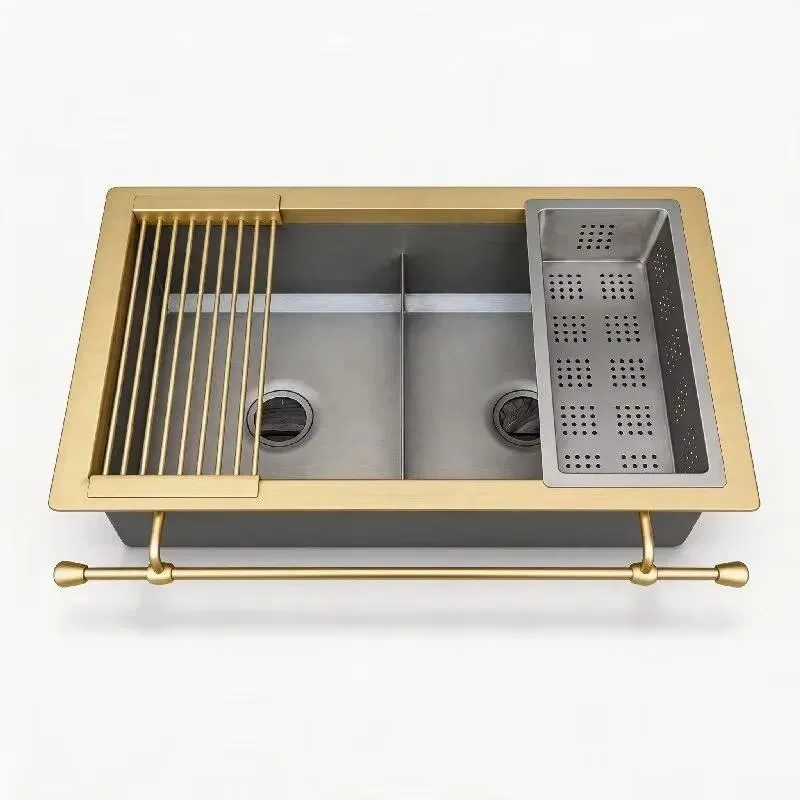 for Italian Design Handmade No. 14 Stainless Steel Double Groove Workbench Sink No. 12 Brass Frame Low Divided Headboard