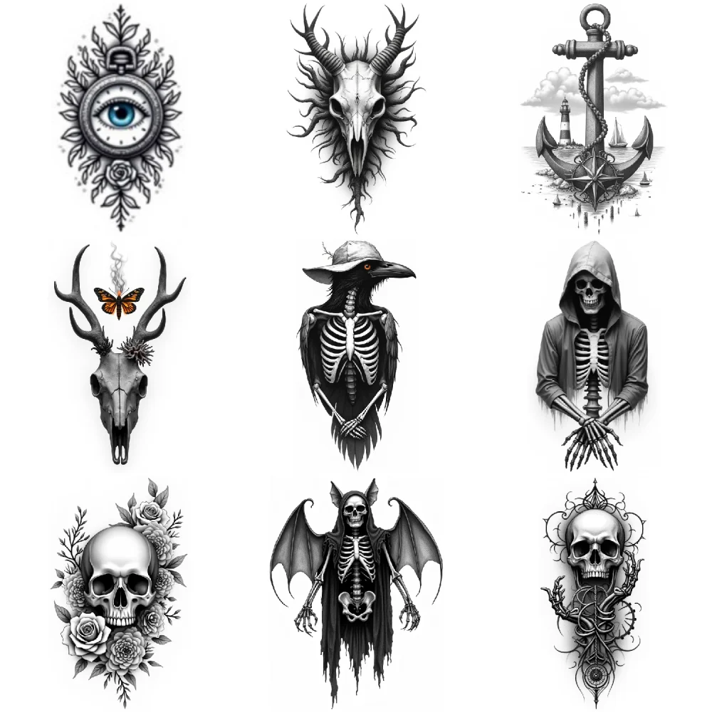 3 stuks tijdelijke tattoo realistische tijdelijke tatoeages skelet met capuchon gotisch skelet met vleugels met nautische scène voor